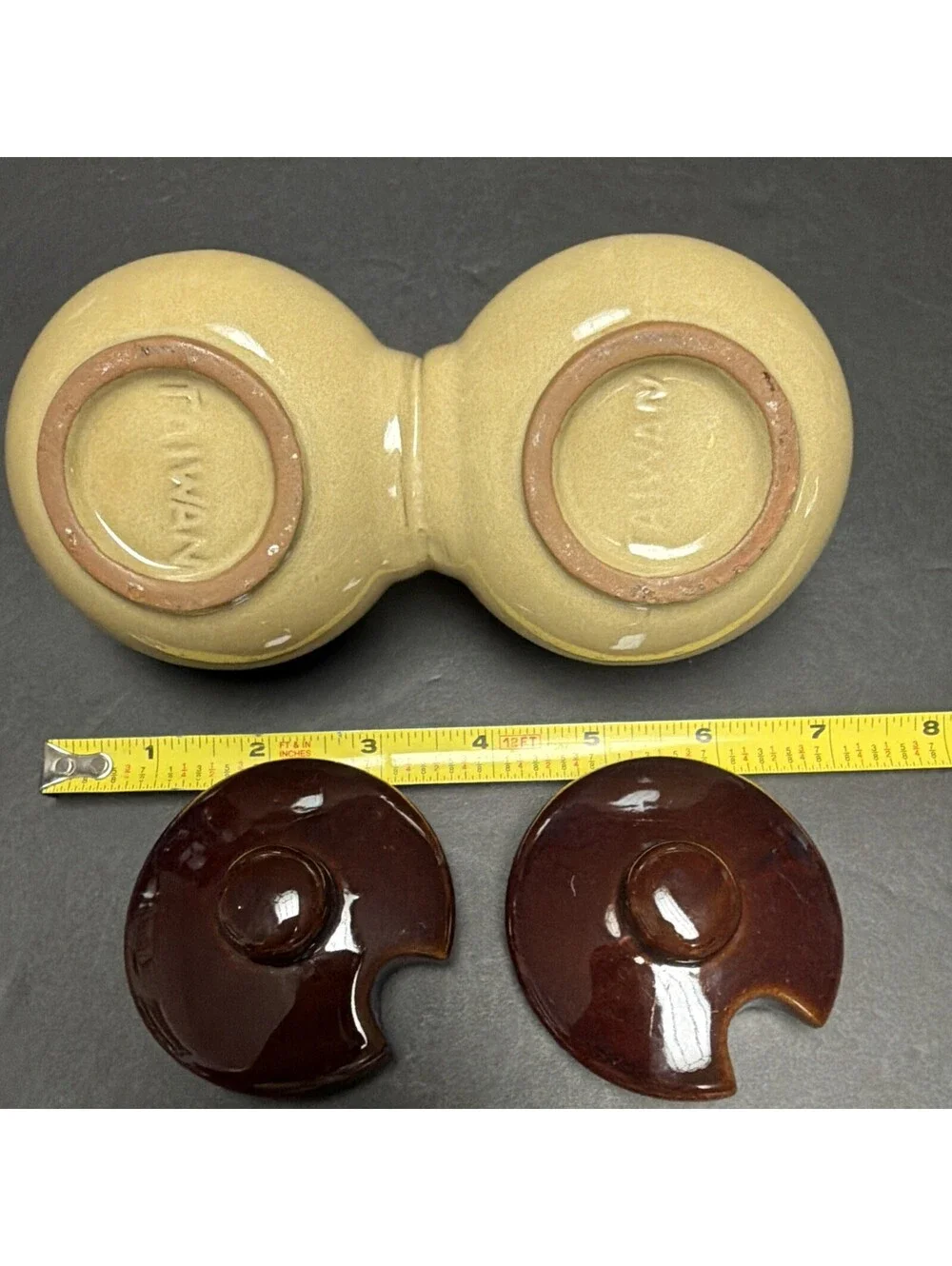 Vintage Stoneware Two-Tone Brown Tan Double Condiment Set Lids Spoons Taiwan